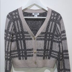 William Rast 3 Button Plaid Tan and Black Crop Cardigan Sweater Size Medium